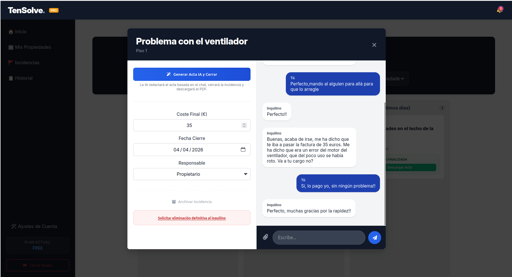 Kanban con chat documentado y timestamps por incidencia